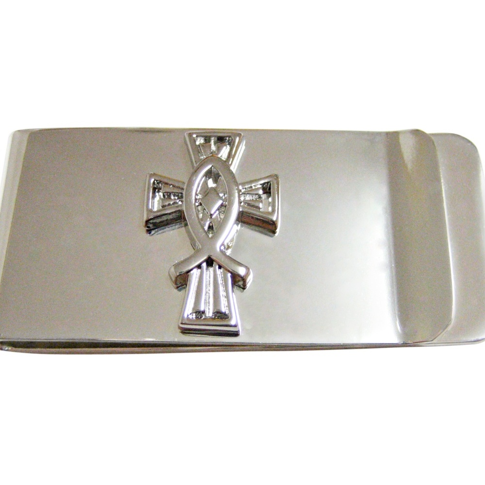 Silver Toned Religious Ichthys Fish And Cross Mone